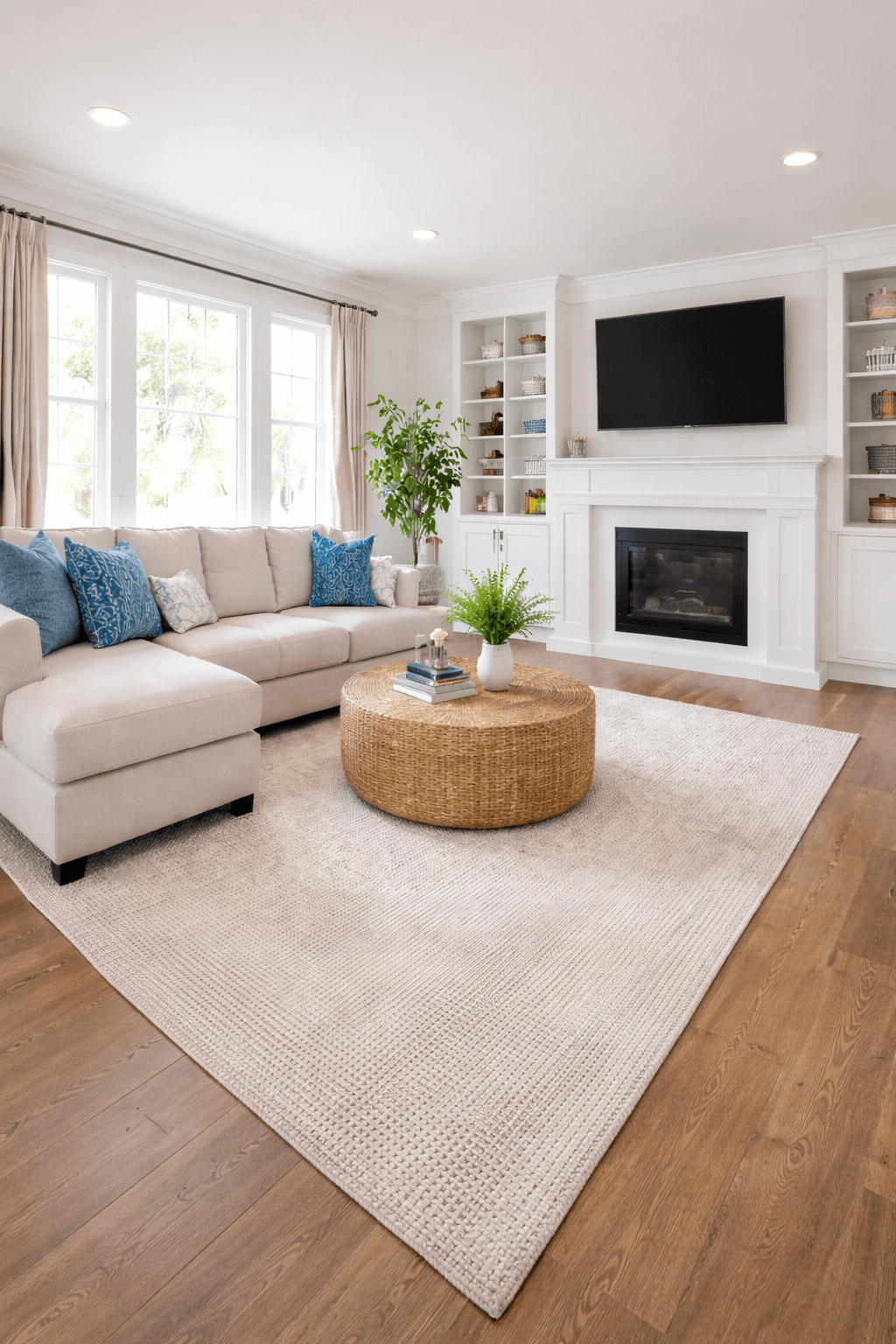 Bright living room with beige sectional, blue pillows, woven coffee table, and white fireplace.