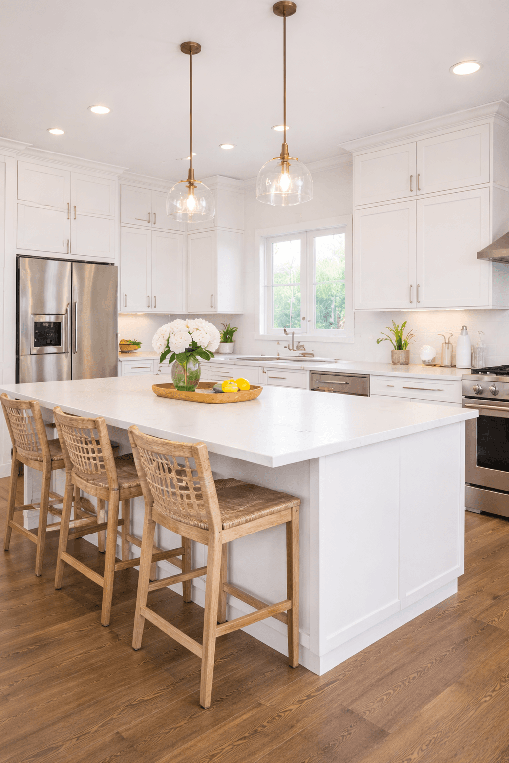 Bright white kitchen featuring a large island, wooden bar stools, and glass pendant lights.