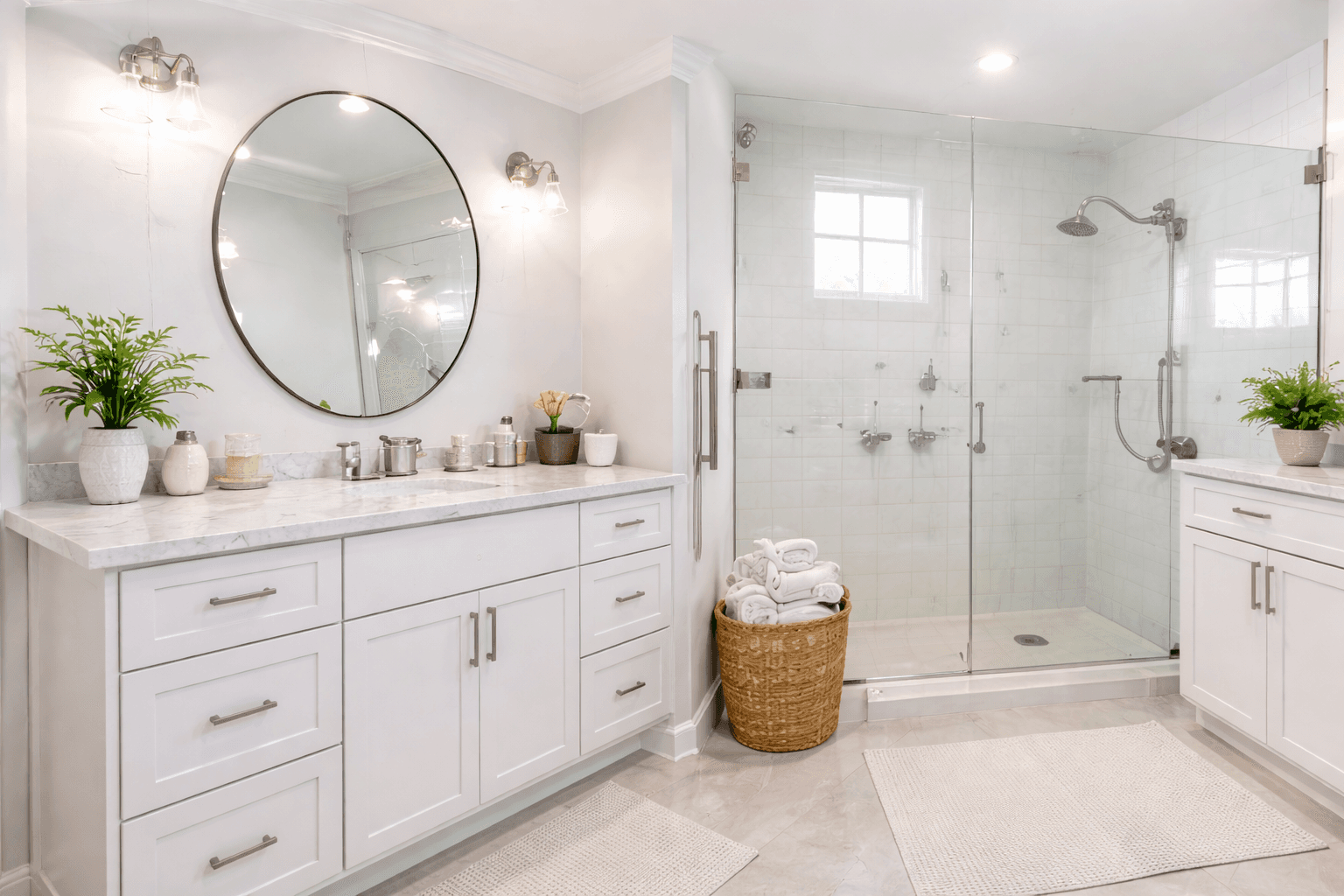 Modern white bathroom with marble-topped vanity, round mirror, and a glass-enclosed walk-in shower.