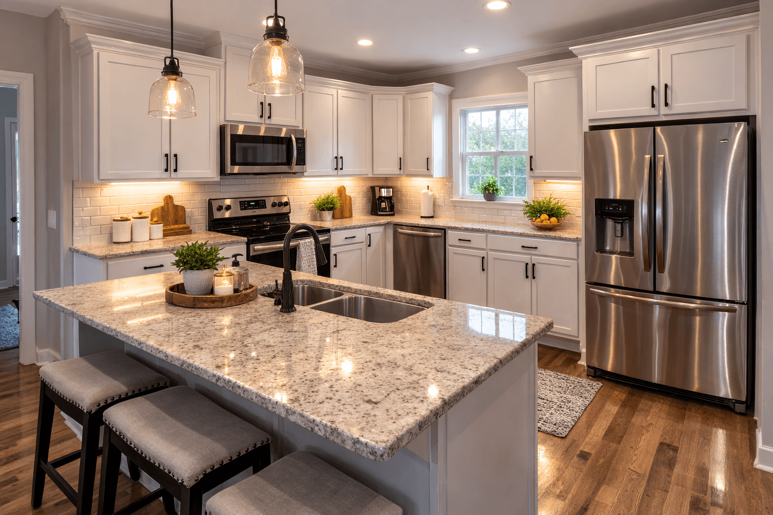 Bright kitchen with white cabinets, granite island, stainless steel appliances, and warm pendant lights.