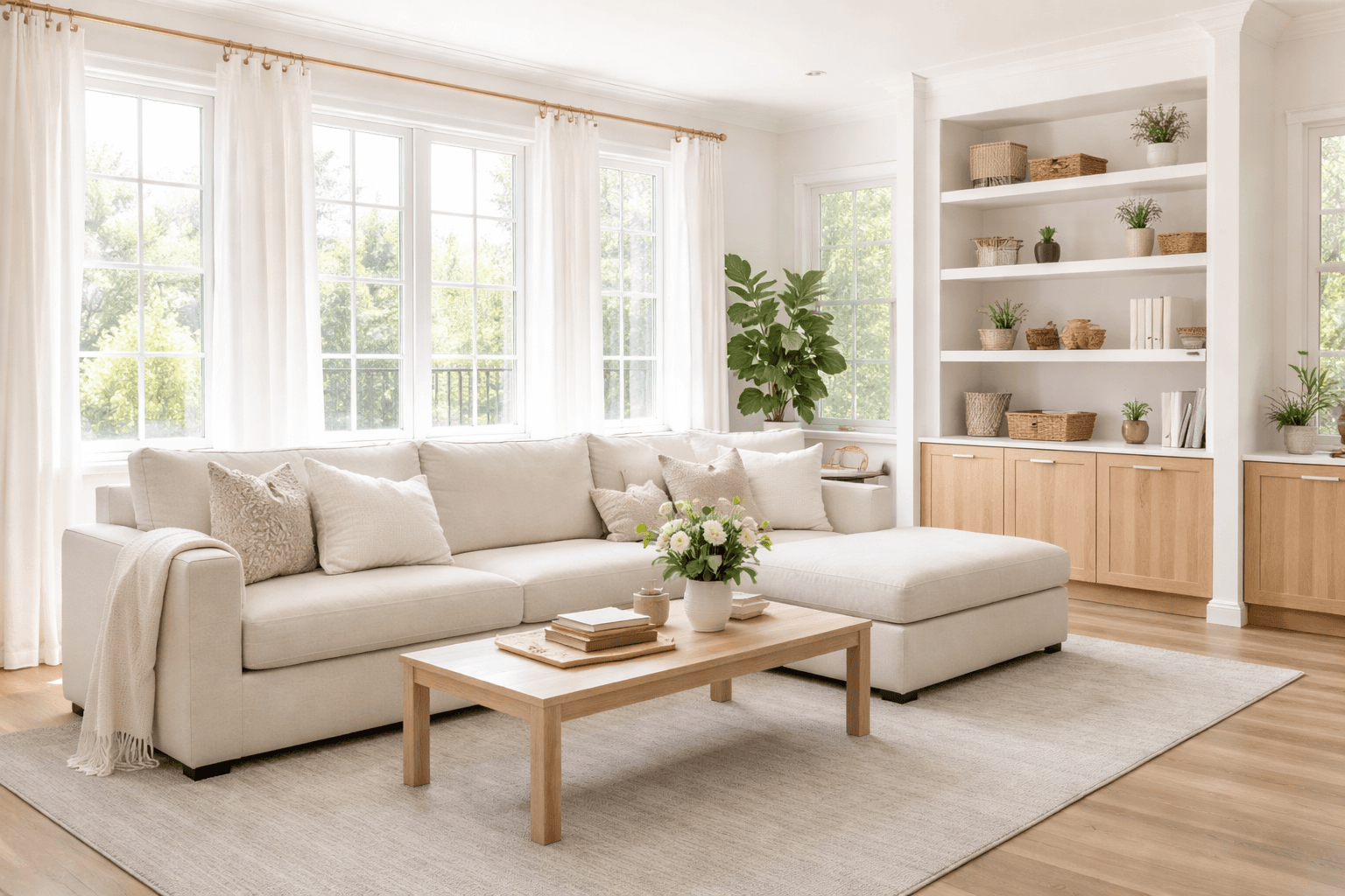 Bright living room with a cream sectional sofa, wooden coffee table, and large sunlit windows.